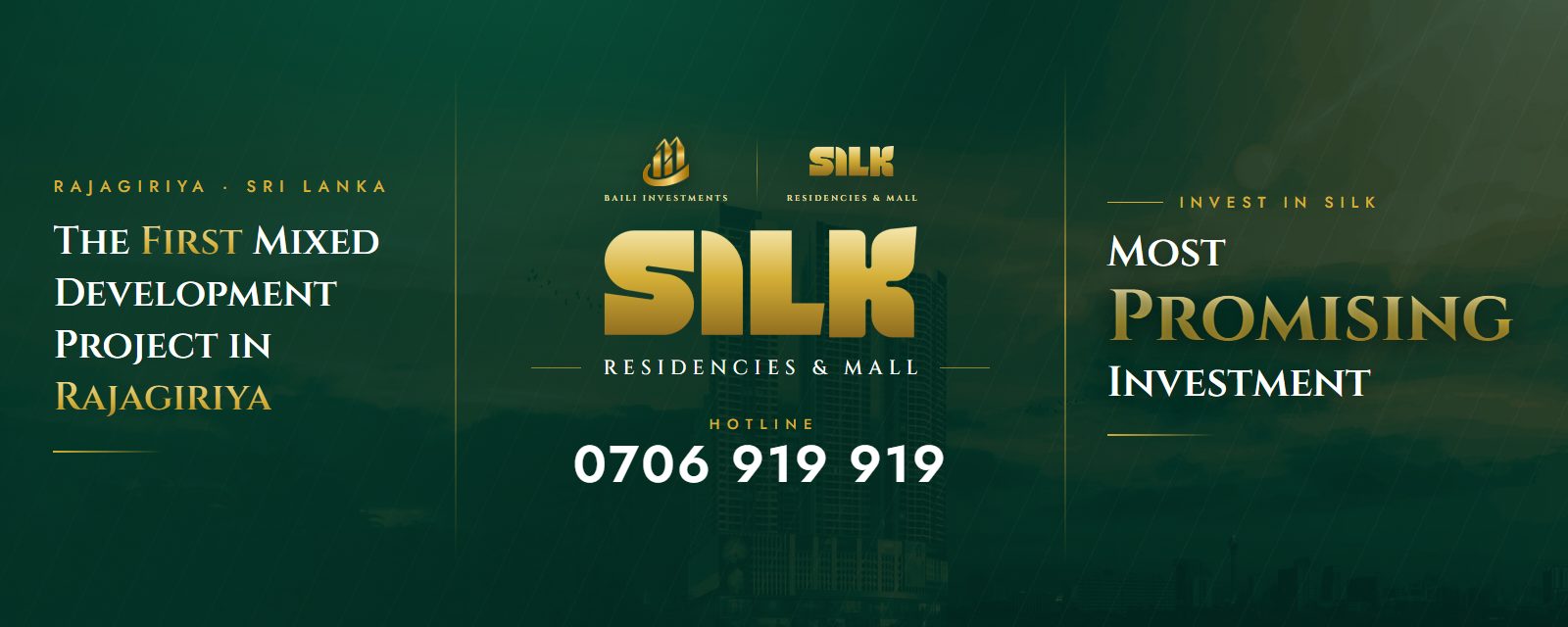 SILK hoarding board two in a wide 5:2 strip format, gold wordmark on deep green with the development name and hotline.